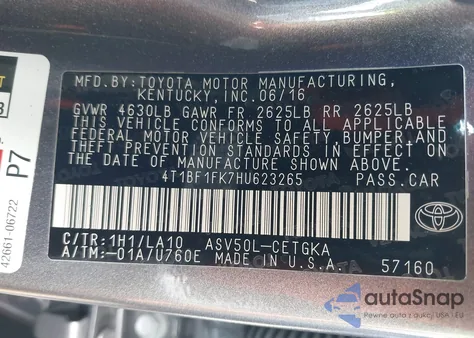 2017 Toyota Camry Xle z USA, uszkodzony, nr VIN 4T1BF1FK7HU623265